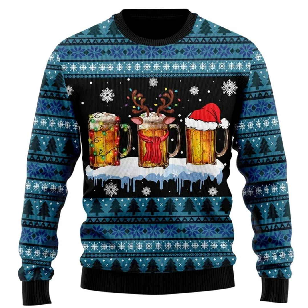 Herren Lustiger Bier-Weihnachtspullover Rundhals Motiv-Strickpullover - Blau