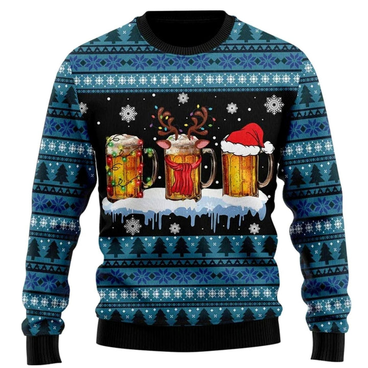 Herren Lustiger Bier-Weihnachtspullover Rundhals Motiv-Strickpullover - Blau