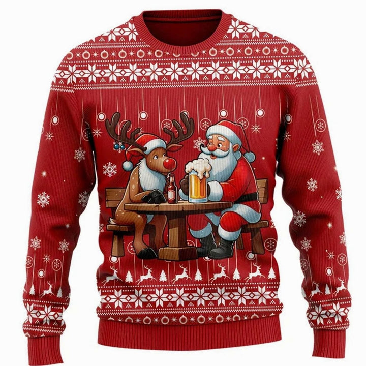 Herren Lustiger Bier-Weihnachtspullover Rundhals Motiv-Strickpullover - Rot / Rentiere und Weihnachtsmann Druck