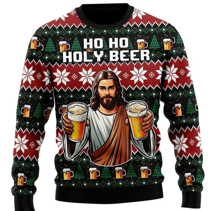 Herren Lustiger Bier-Weihnachtspullover Rundhals Motiv-Strickpullover - Mehrfarbig