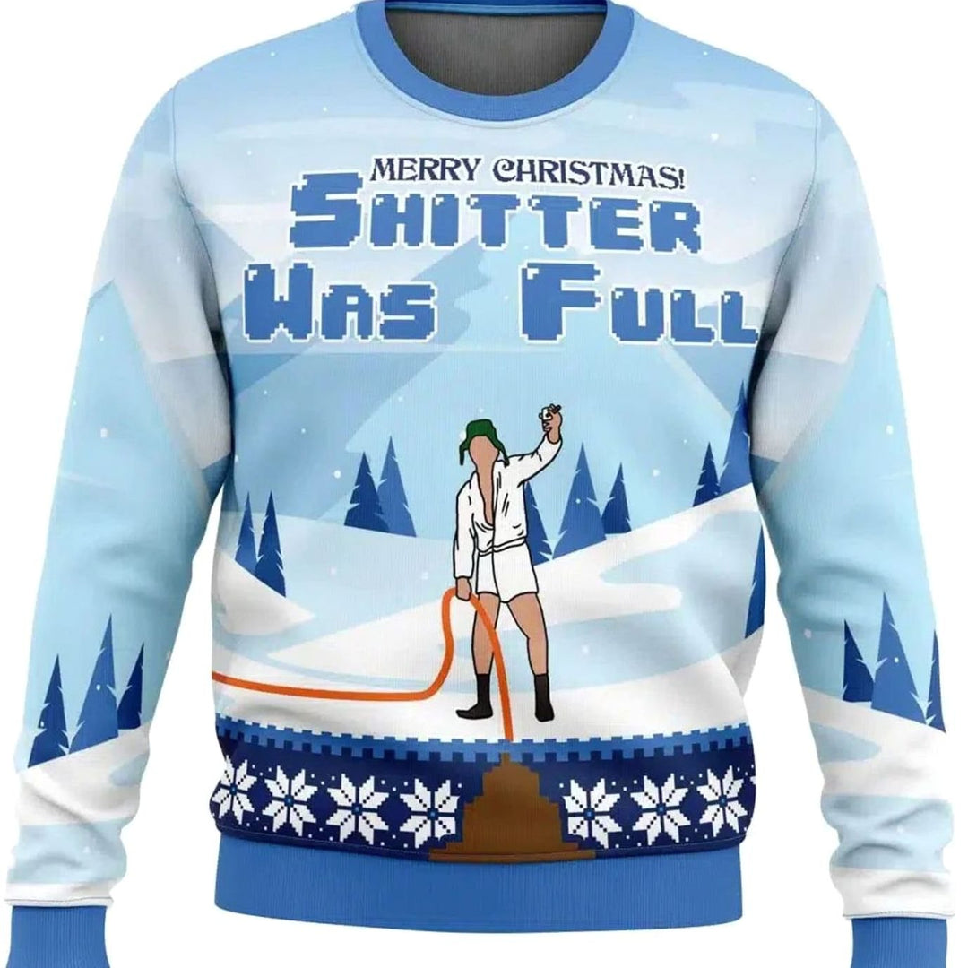 Herren Lustiger Ski-Themen-Weihnachtspullover Rundhals Oversized - Hellblau