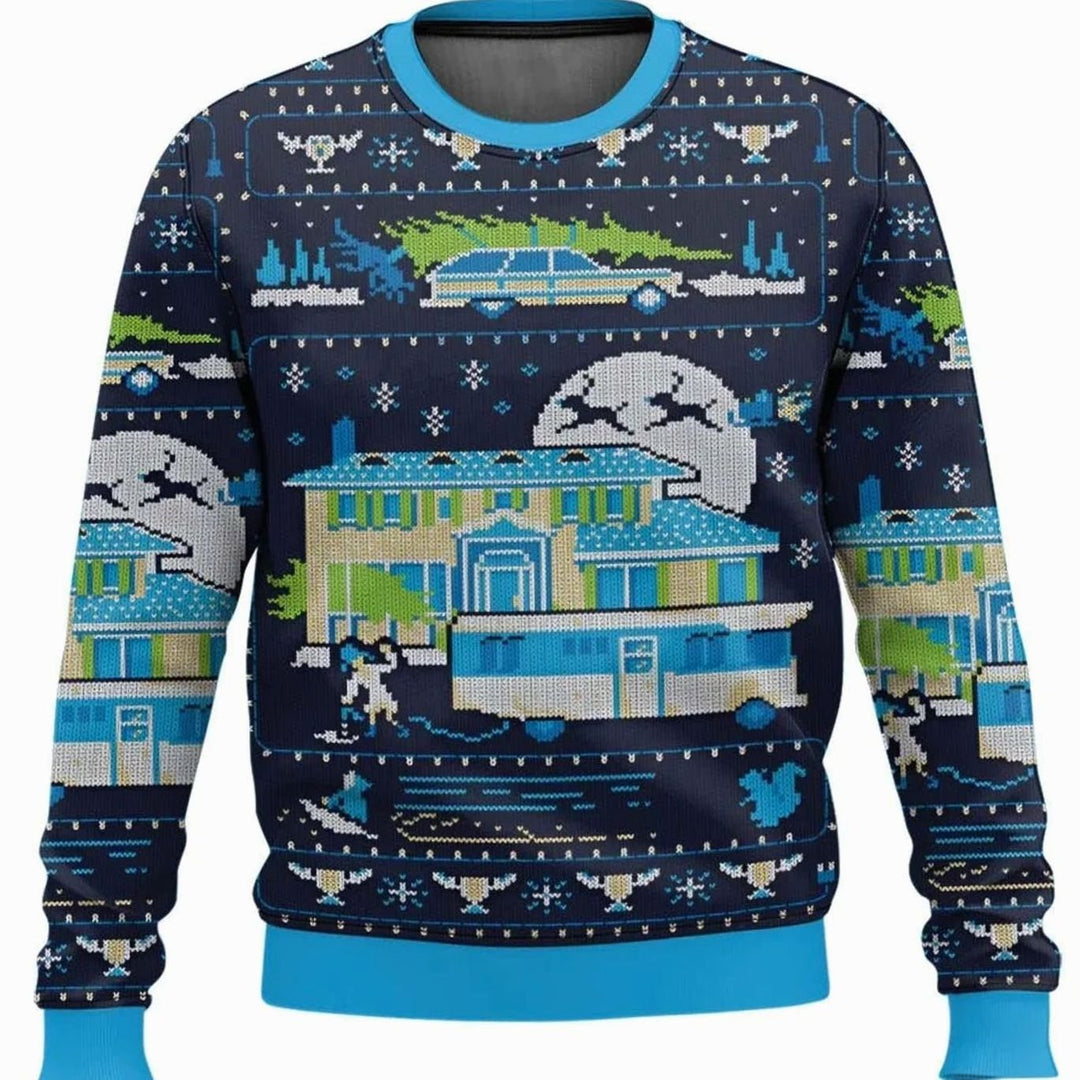 Herren Lustiger Ski-Themen-Weihnachtspullover Rundhals Oversized - Dunkelblau