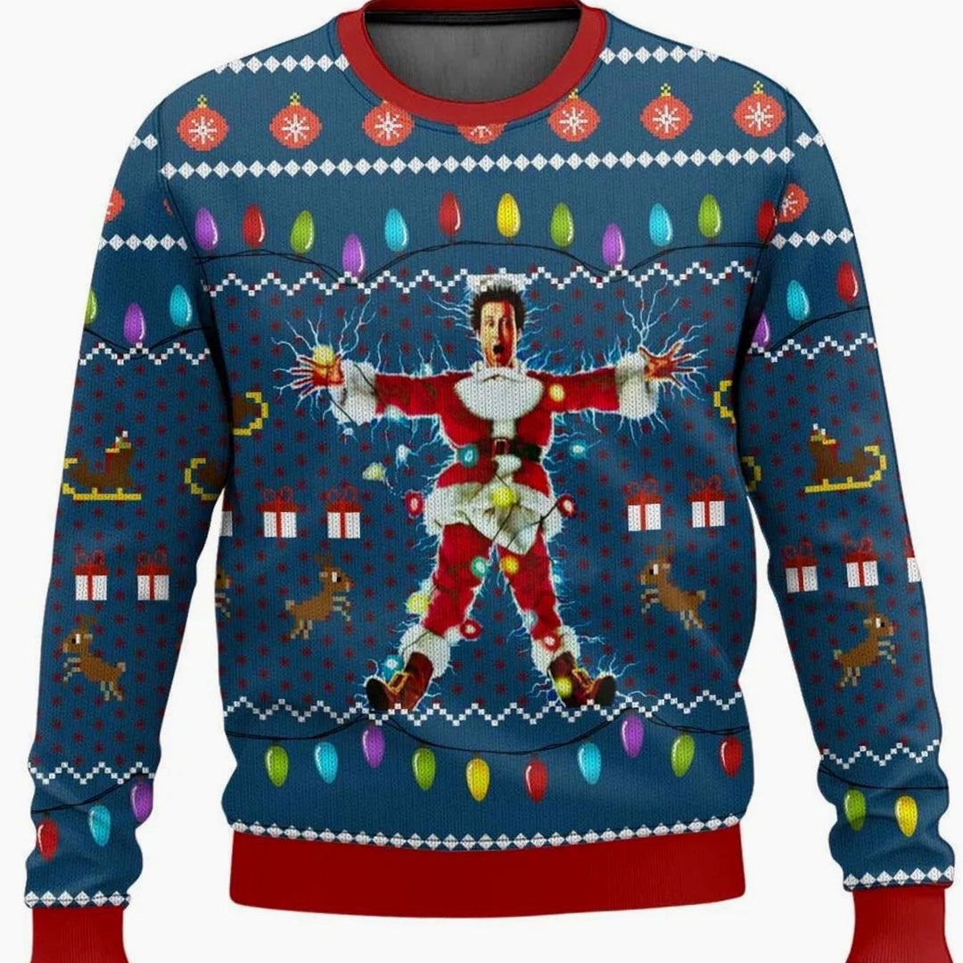 Herren Lustiger Ski-Themen-Weihnachtspullover Rundhals Oversized - Blau / Rot