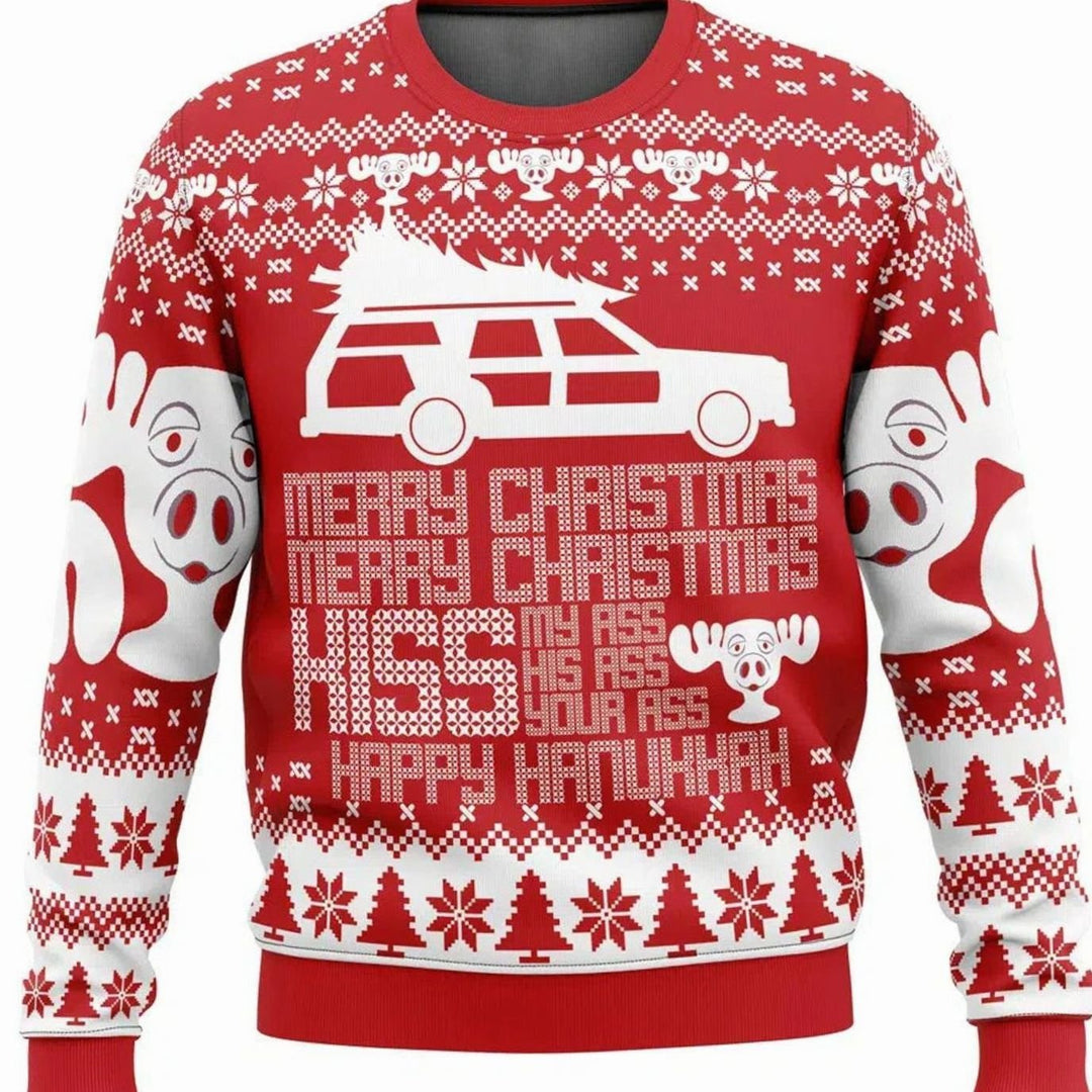 Herren Lustiger Ski-Themen-Weihnachtspullover Rundhals Oversized - Rot / Weiß