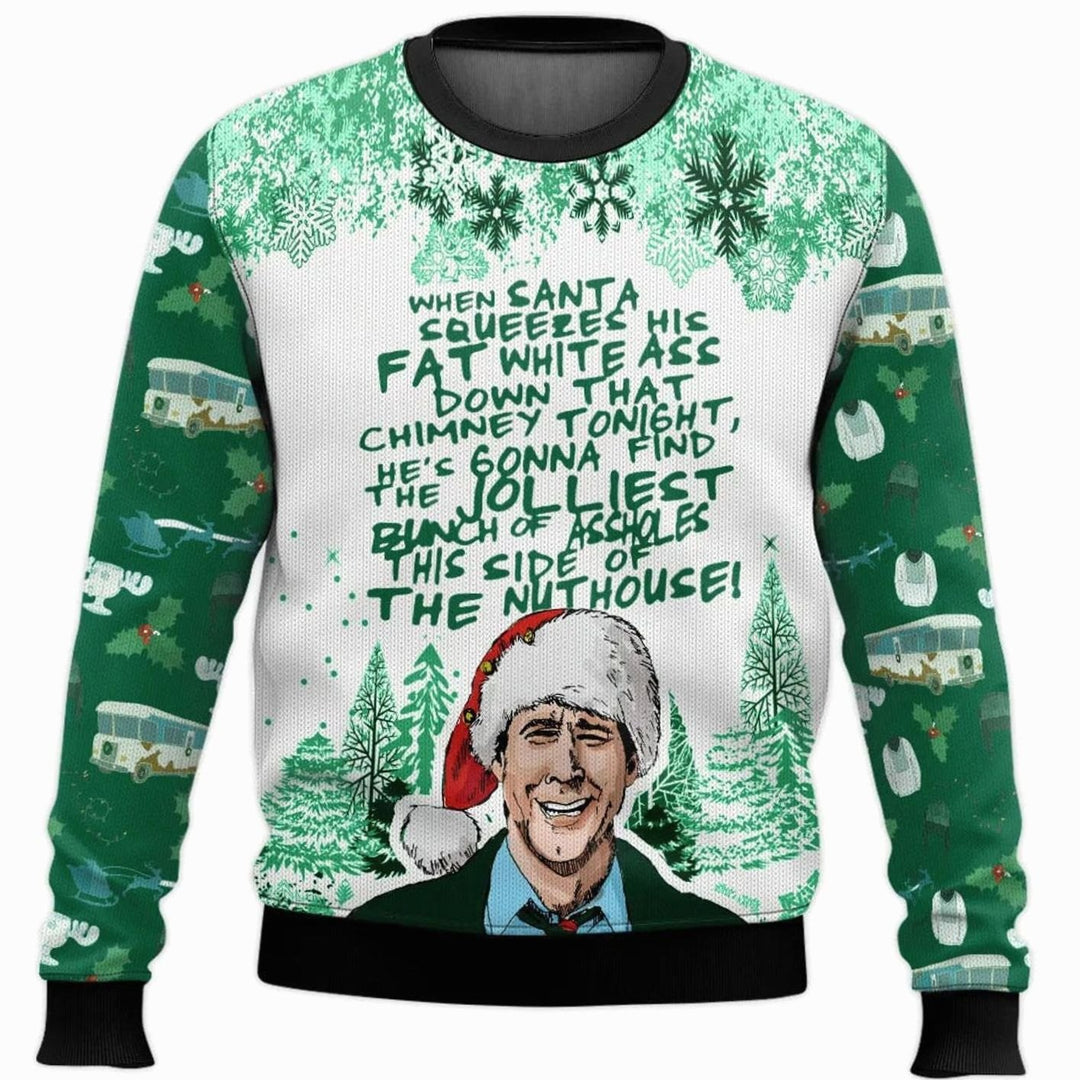 Herren Lustiger Ski-Themen-Weihnachtspullover Rundhals Oversized - Grün