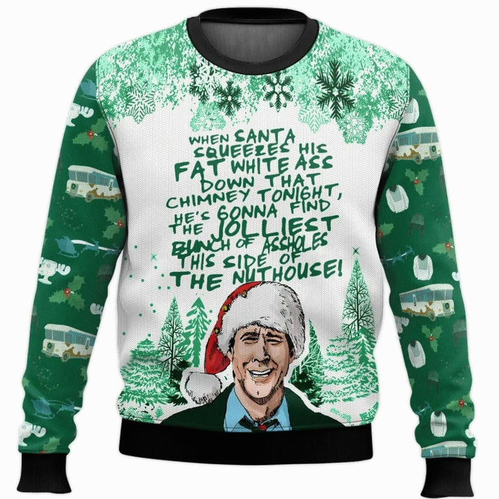 Herren Lustiger Ski-Themen-Weihnachtspullover Rundhals Oversized - Grün