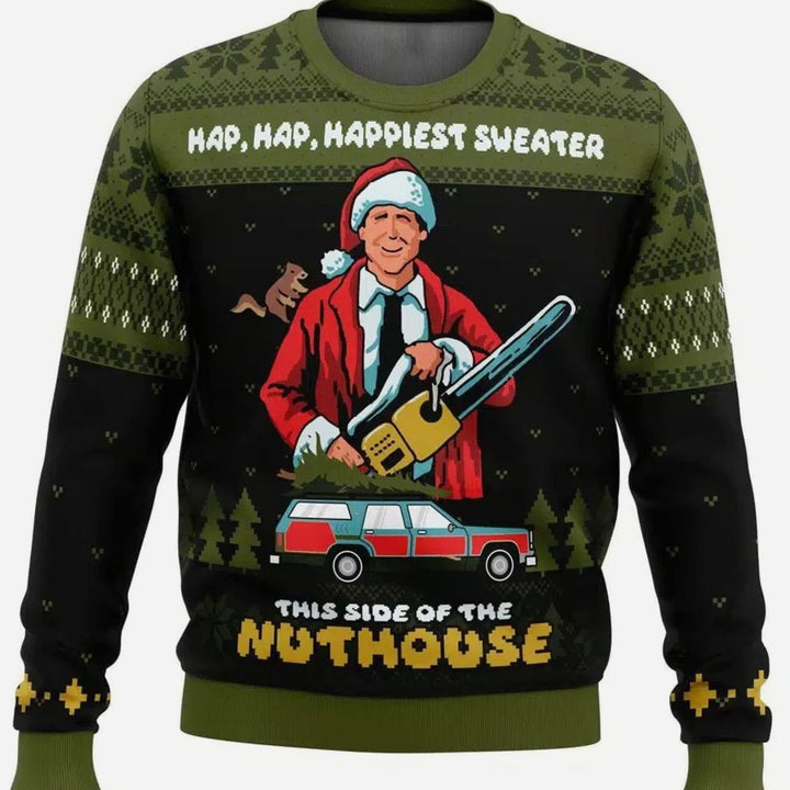 Herren Lustiger Ski-Themen-Weihnachtspullover Rundhals Oversized - Armeegrün