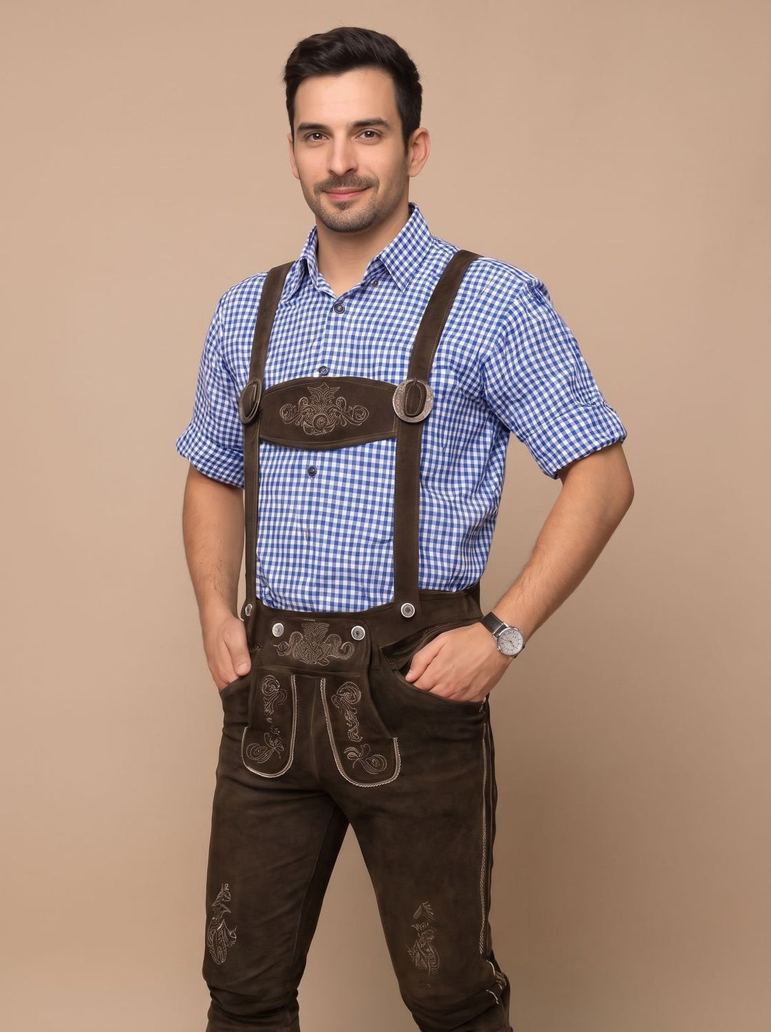 Herren Oktoberfest Kniebundhose mit Hosenträgern Stickerei
