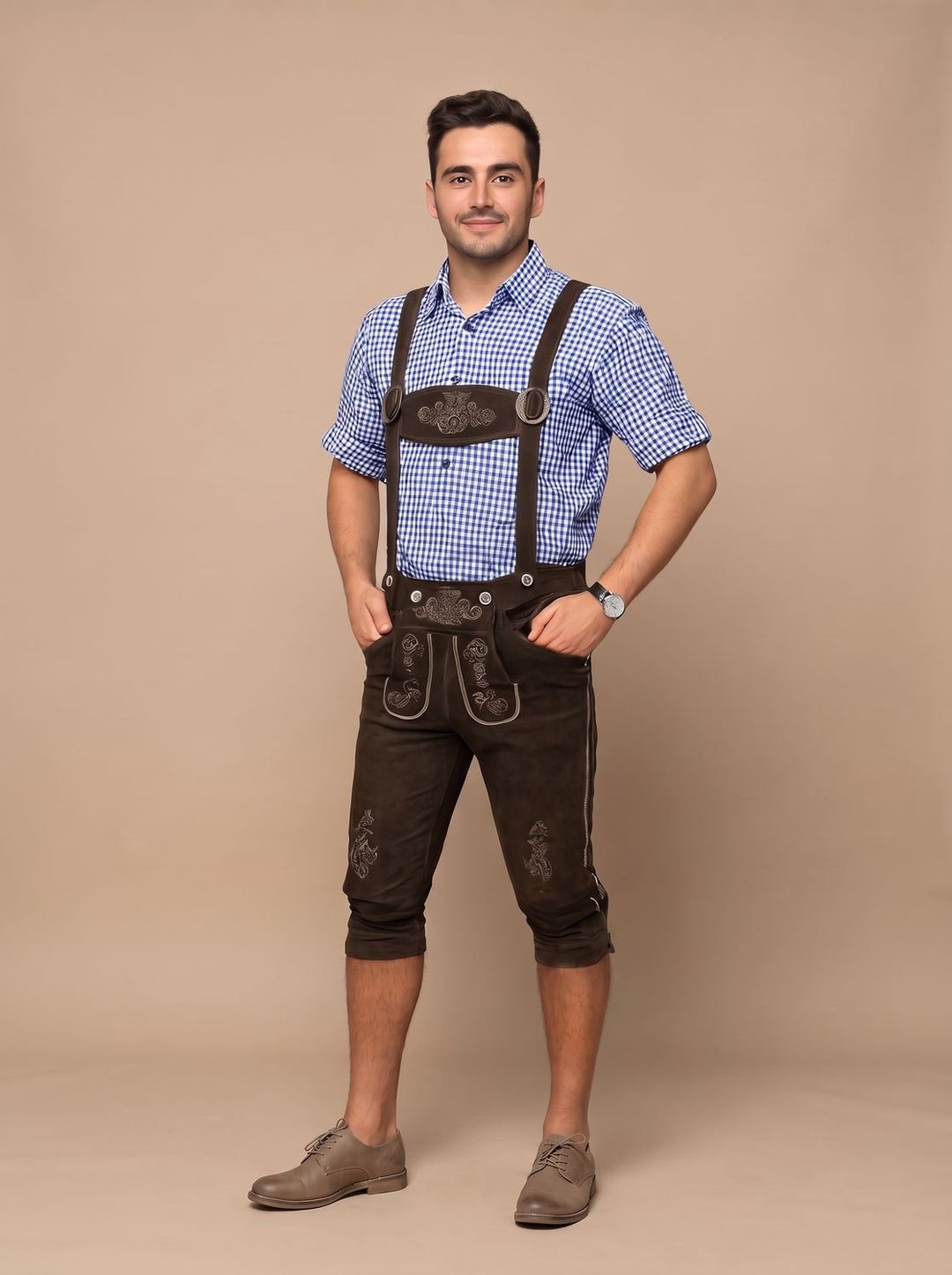 Herren Oktoberfest Kniebundhose mit Hosenträgern Stickerei - Braun