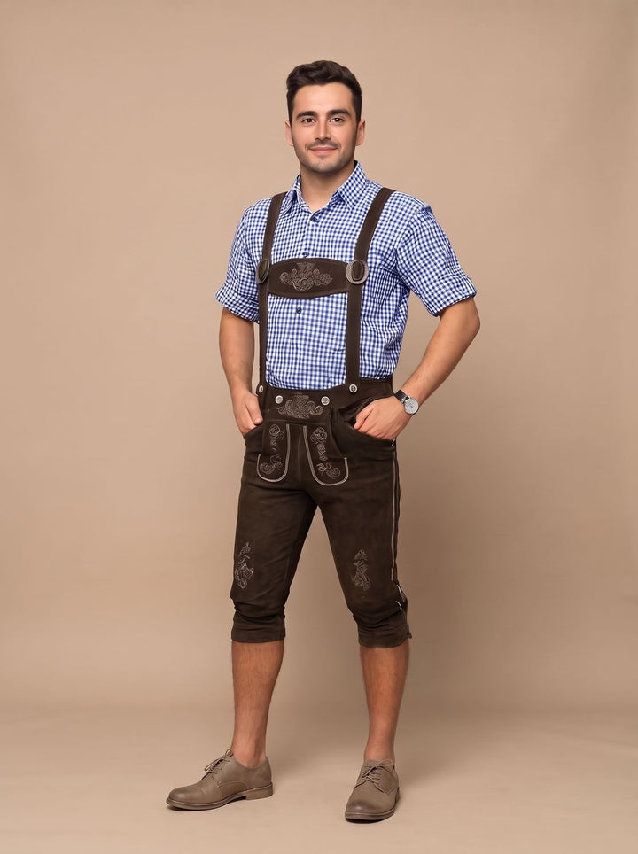 Herren Oktoberfest Kniebundhose mit Hosenträgern Stickerei - Braun