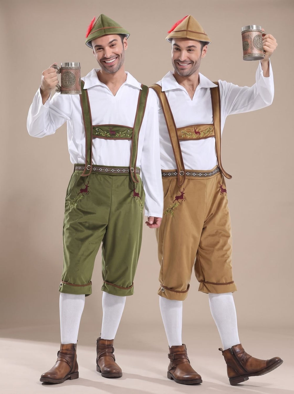 Herren Oktoberfest Kostüm Lederhose Träger Hemd Hut Set