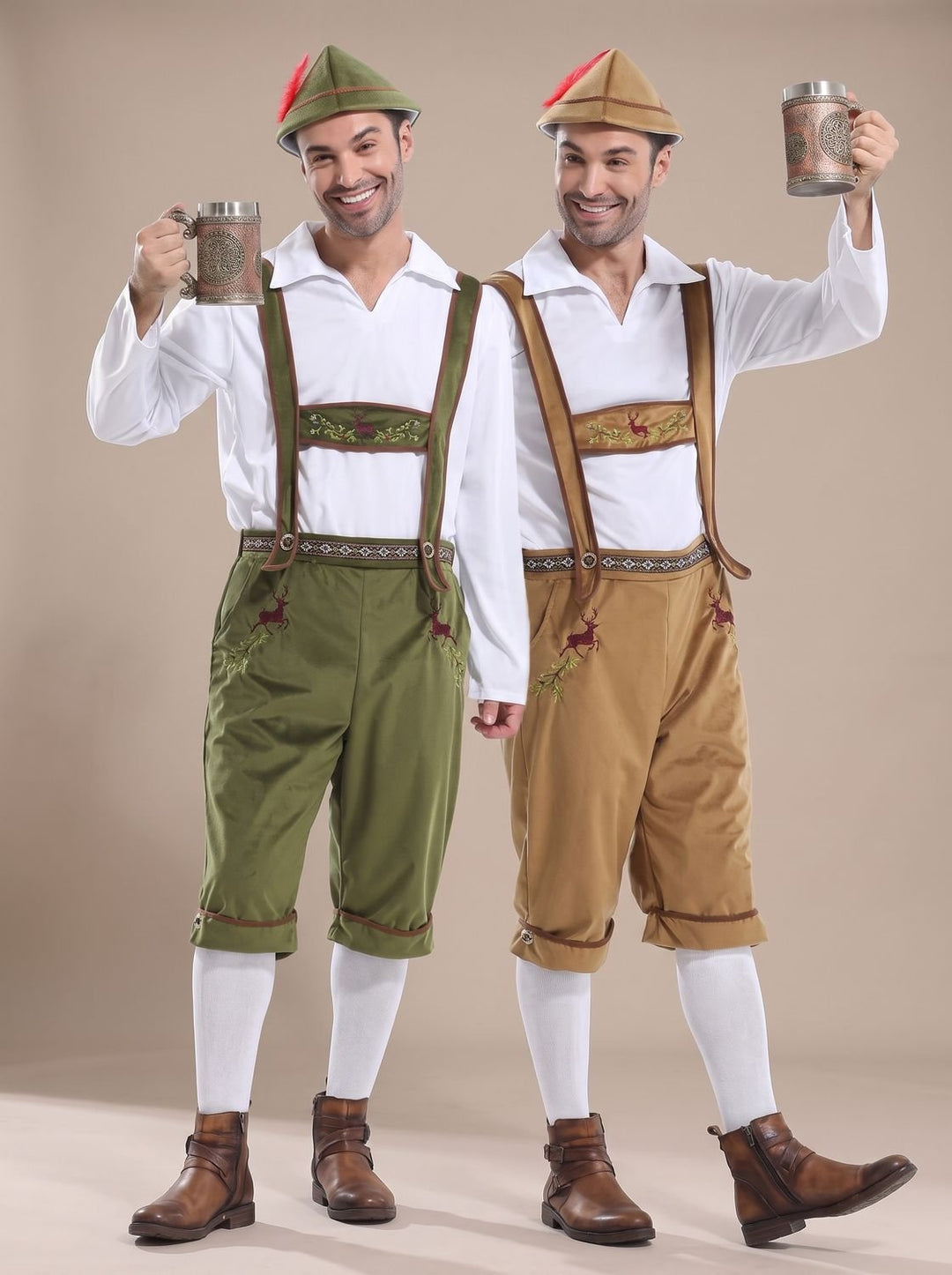 Herren Oktoberfest Kostüm Lederhose Träger Hemd Hut Set