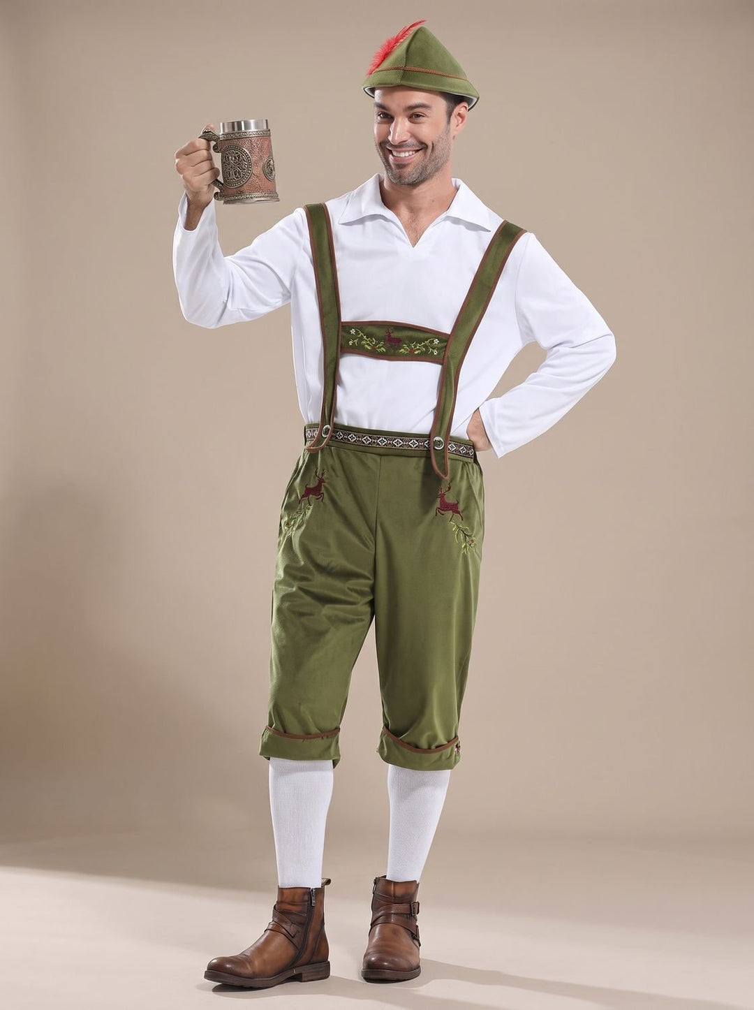 Herren Oktoberfest Kostüm Lederhose Träger Hemd Hut Set - Grün