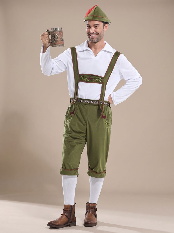 Herren Oktoberfest Kostüm Lederhose Träger Hemd Hut Set - Grün