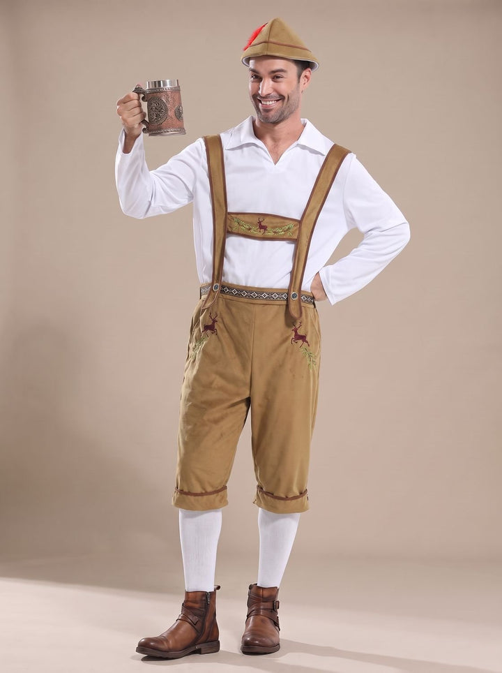 Herren Oktoberfest Kostüm Lederhose Träger Hemd Hut Set - Braun