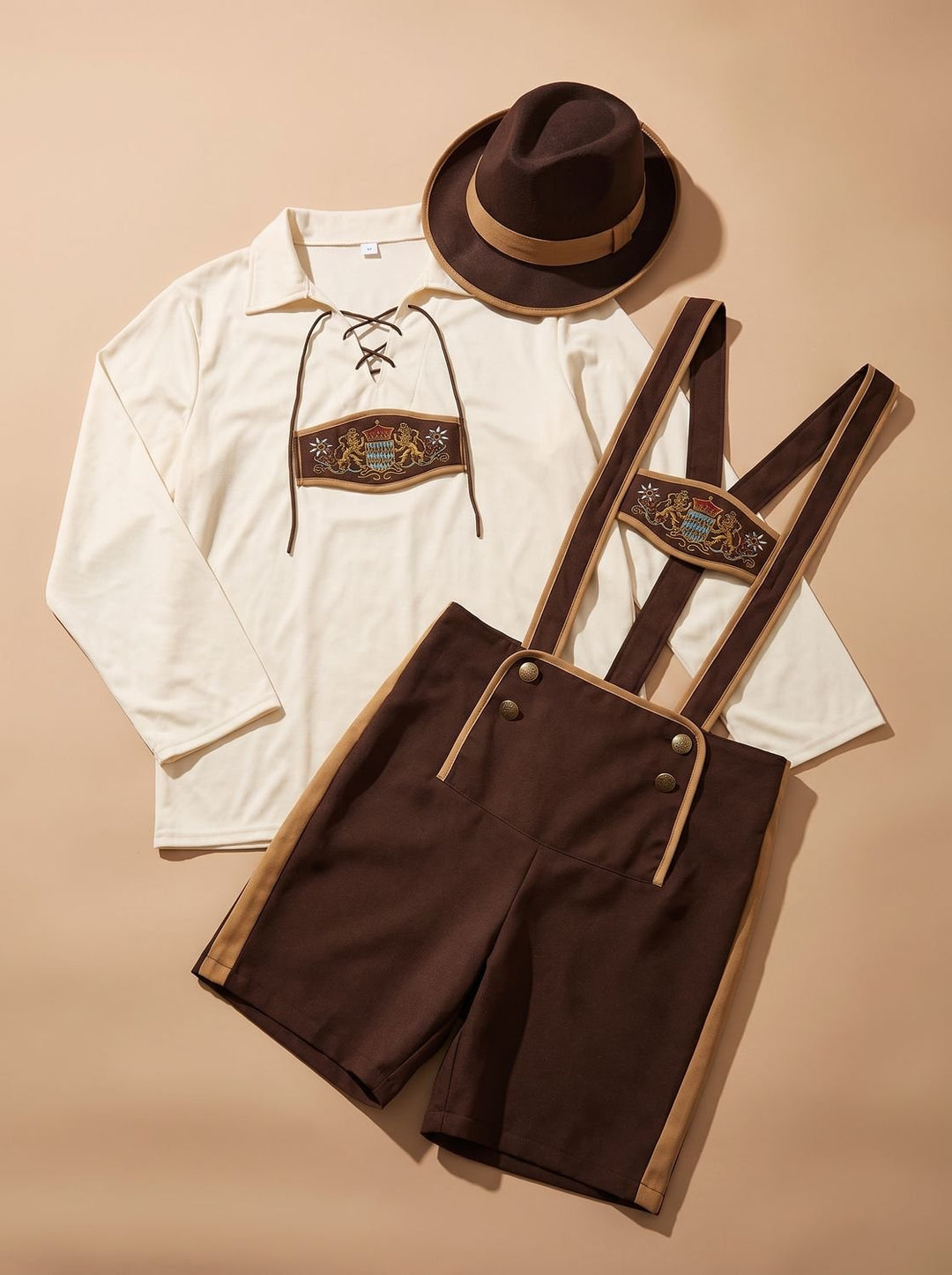 Herren Oktoberfest Kostüm Set Lederhosen-Shorts Hosenträger Hut