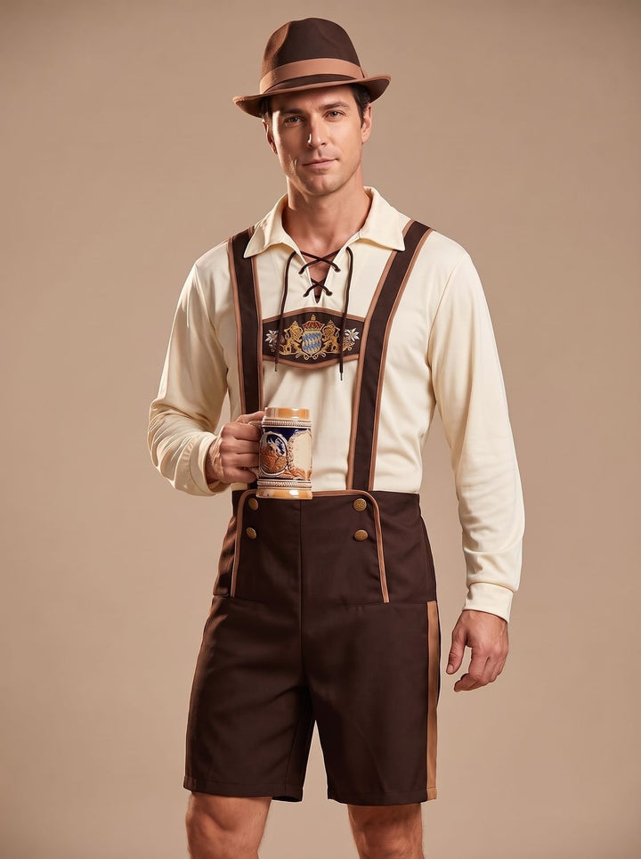 Herren Oktoberfest Kostüm Set Lederhosen-Shorts Hosenträger Hut