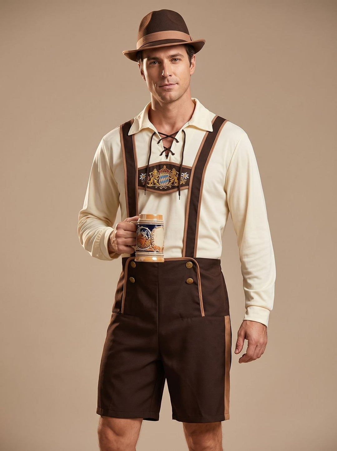 Herren Oktoberfest Kostüm Set Lederhosen-Shorts Hosenträger Hut