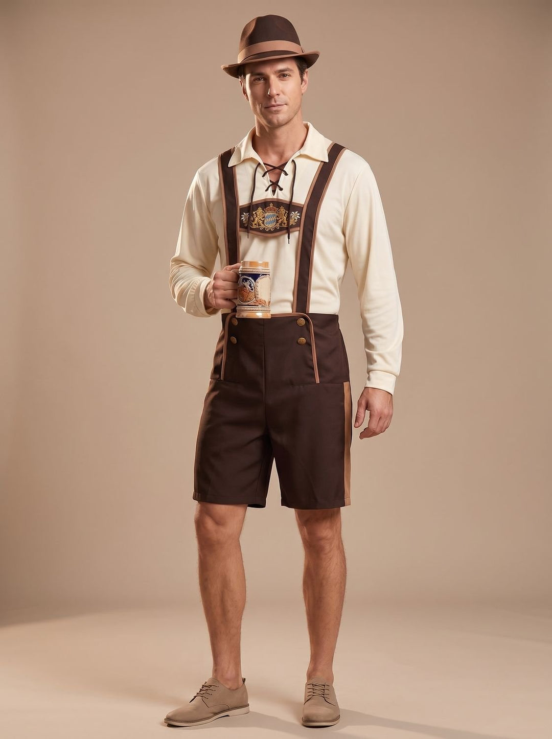 Herren Oktoberfest Kostüm Set Lederhosen-Shorts Hosenträger Hut