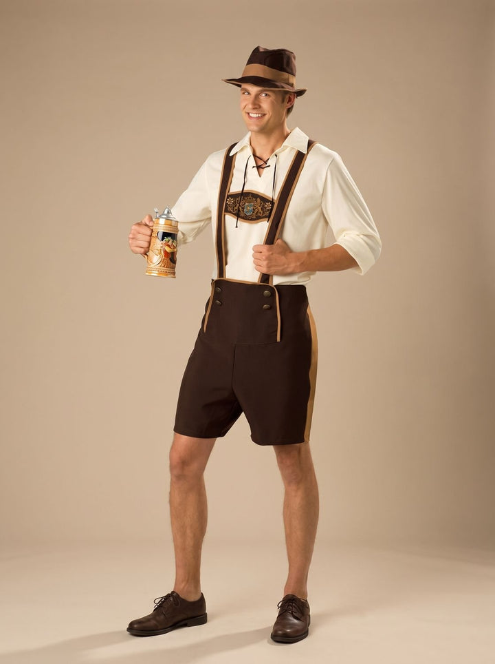 Herren Oktoberfest Kostüm Set Lederhosen-Shorts Hosenträger Hut - Braun