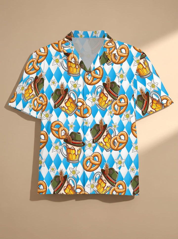 Herren Oktoberfest Kurzarmhemd Bier Brezel Wurst Motiv