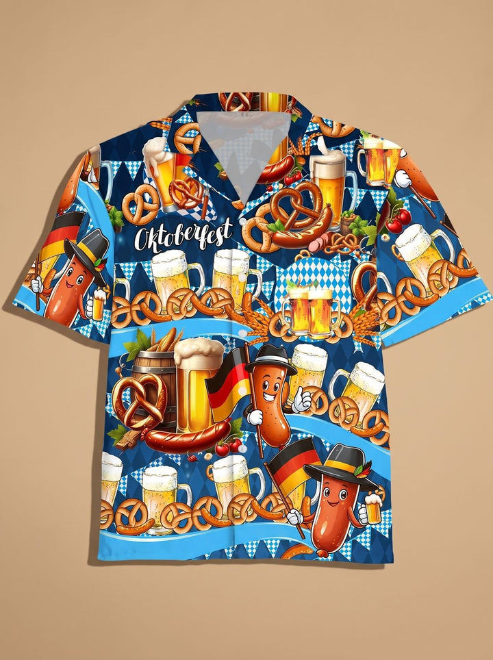 Herren Oktoberfest Kurzarmhemd Bier Brezel Wurst Motiv