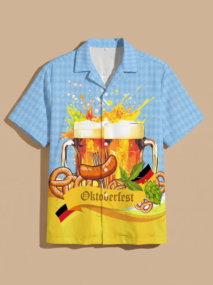 Herren Oktoberfest Kurzarmhemd Bier Brezel Wurst Motiv