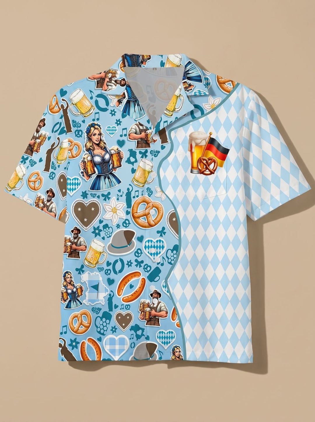 Herren Oktoberfest Kurzarmhemd Bier Brezel Wurst Motiv