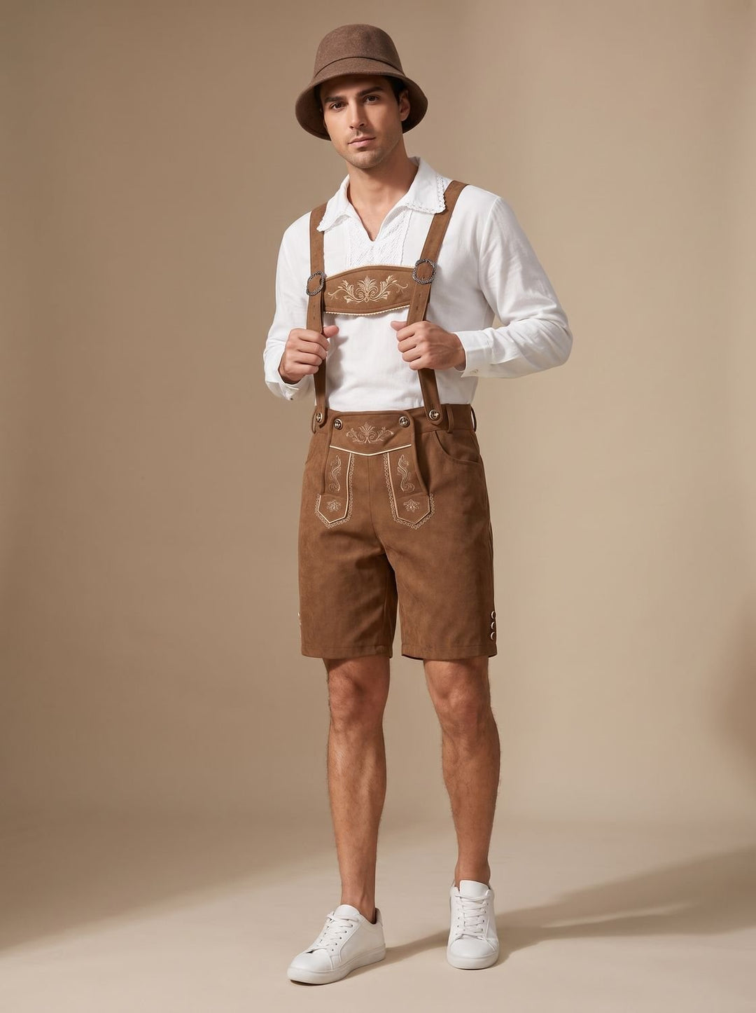 Herren Oktoberfest Lederhosen Kurze Braune Trachtenhose mit Hosenträgern