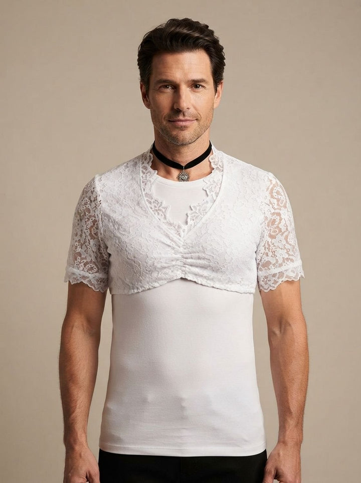 Herren Oktoberfest Spitzen-Bluse mit V-Ausschnitt und Kurzarm