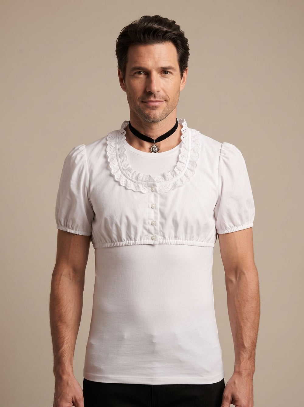 Herren Oktoberfest Spitzen-Bluse mit V-Ausschnitt und Kurzarm - Weiß