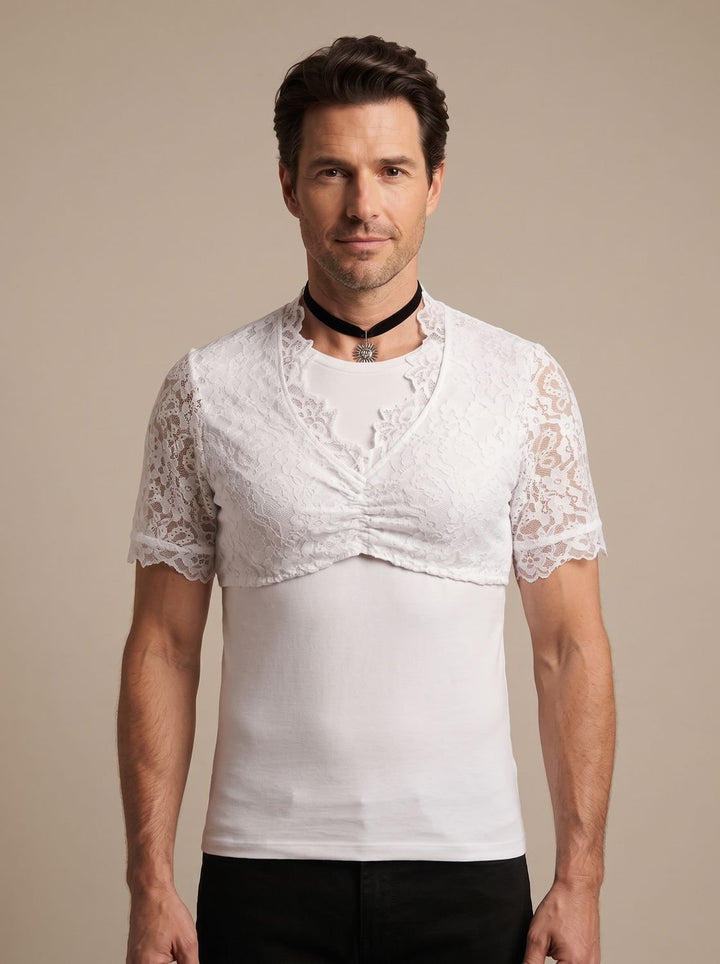 Herren Oktoberfest Spitzen-Bluse mit V-Ausschnitt und Kurzarm - Cremeweiß