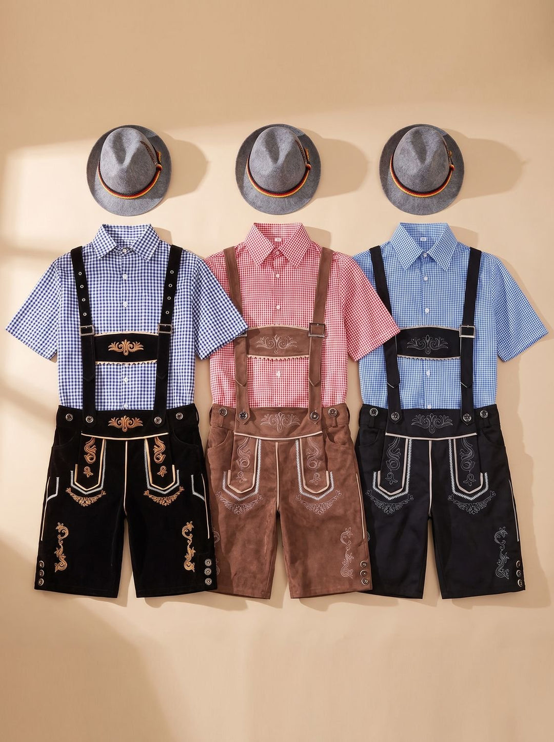 Herren Oktoberfest Trachten-Komplettset Lederhose Karohemd Hut