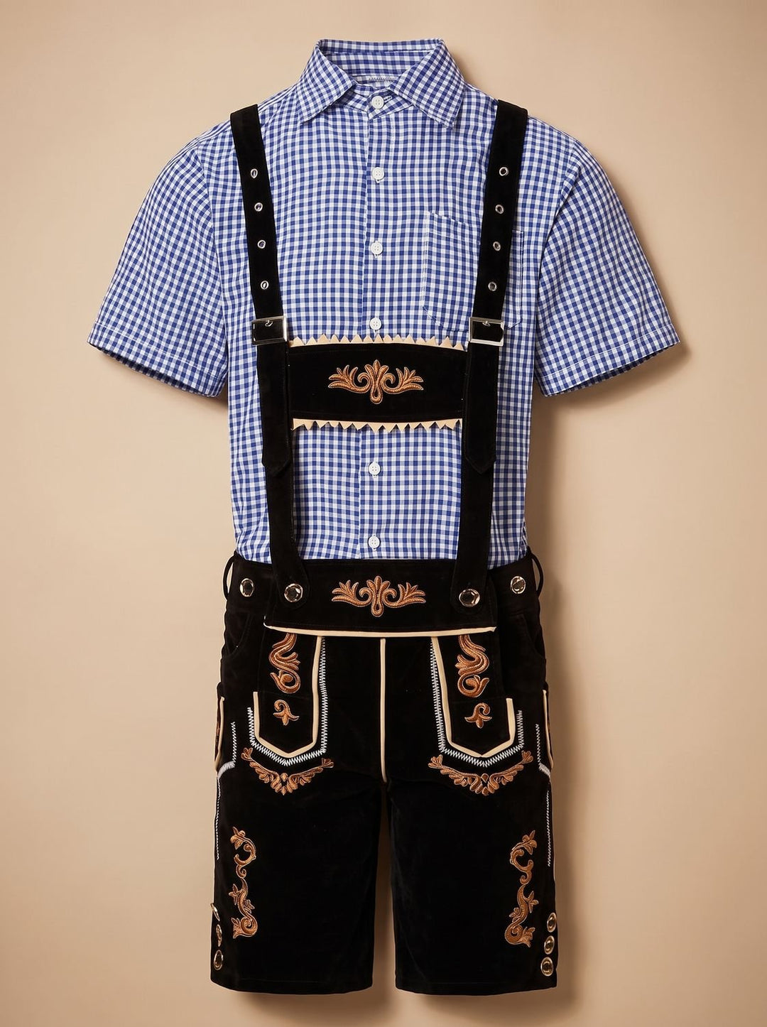 Herren Oktoberfest Trachten-Komplettset Lederhose Karohemd Hut - Schwarz/Blau-kariert (goldene Stickerei)