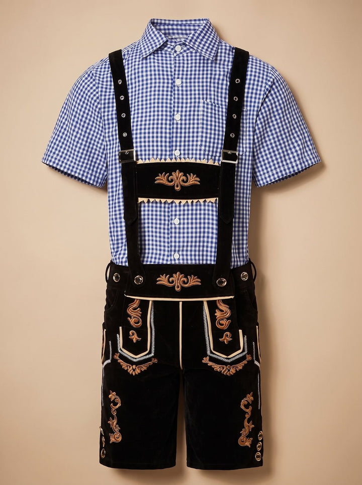 Herren Oktoberfest Trachten-Komplettset Lederhose Karohemd Hut - Schwarz/Blau-kariert (goldene Stickerei)