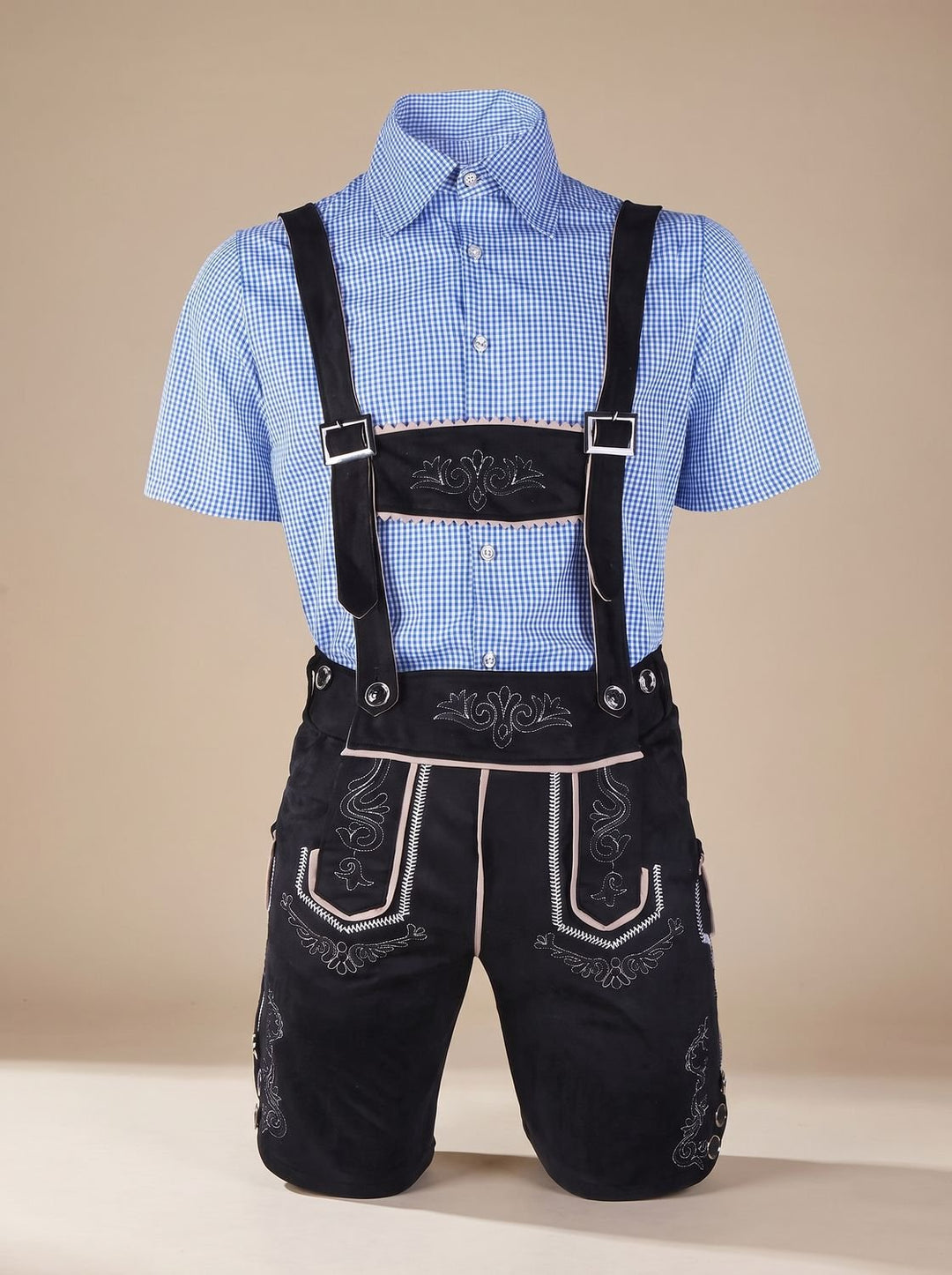 Herren Oktoberfest Trachten-Komplettset Lederhose Karohemd Hut - Schwarz/Blau-kariert (alternative Stickerei)