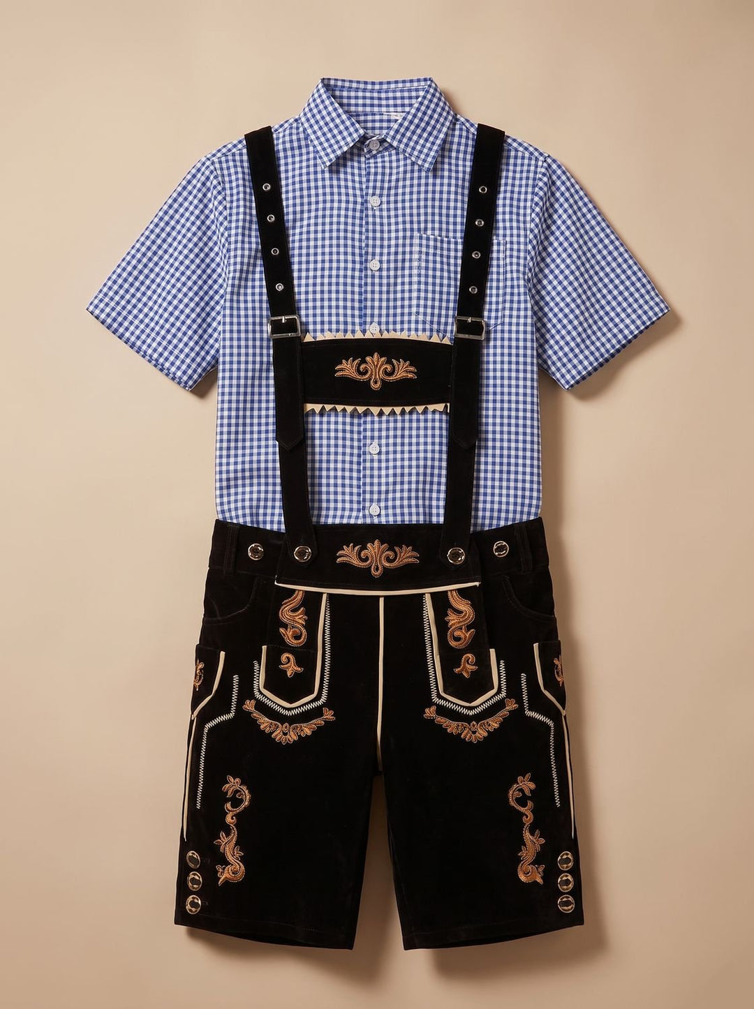 Herren Oktoberfest Trachten-Komplettset Lederhose Karohemd Hut - Schwarz/Blau-kariert (goldene Stickerei, alternative Passform)