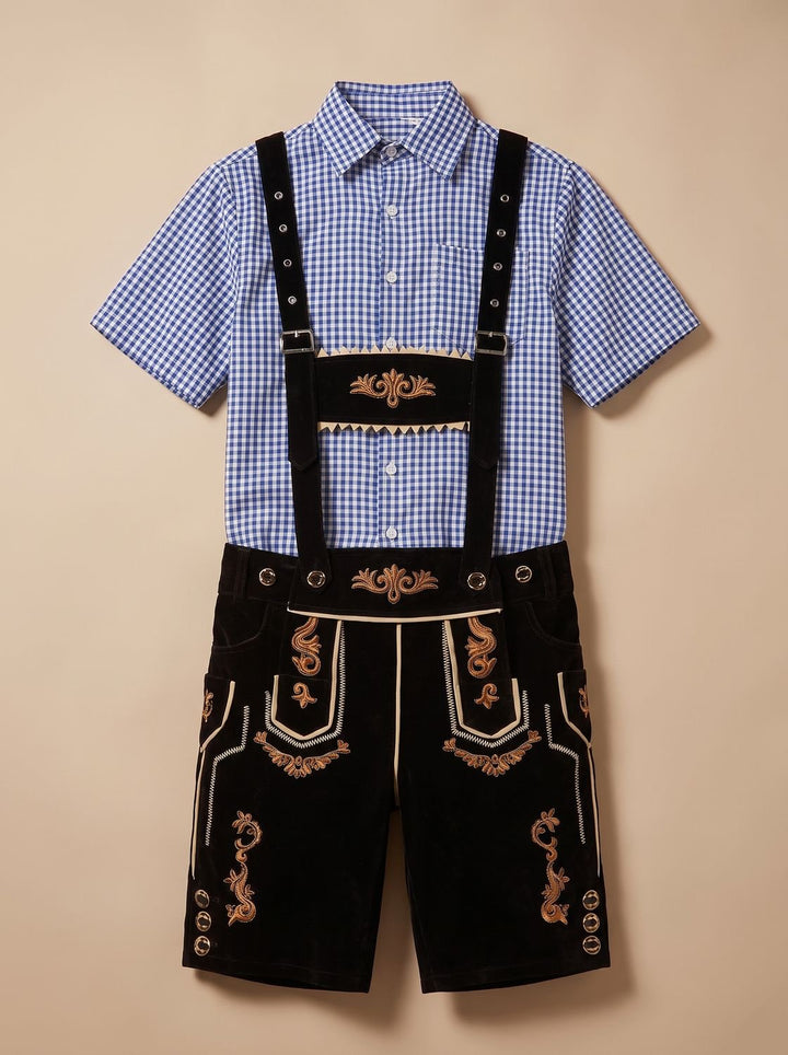 Herren Oktoberfest Trachten-Komplettset Lederhose Karohemd Hut - Schwarz/Blau-kariert (goldene Stickerei, alternative Passform)