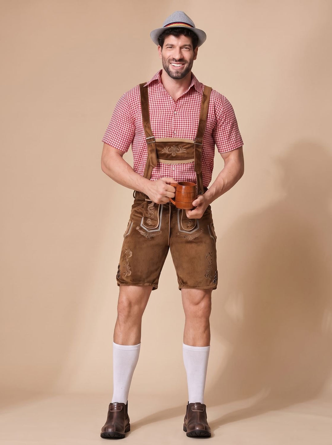 Herren Oktoberfest Trachten-Komplettset Lederhose Karohemd Hut