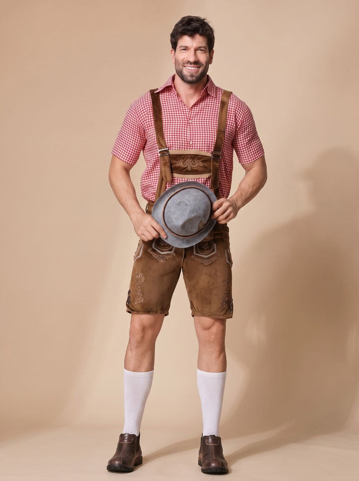 Herren Oktoberfest Trachten-Komplettset Lederhose Karohemd Hut