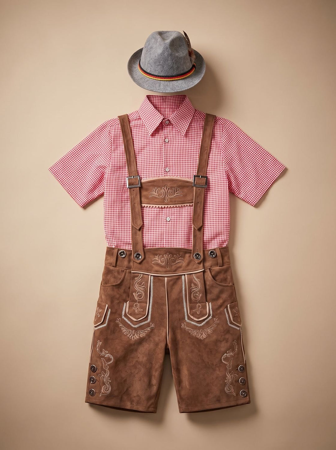 Herren Oktoberfest Trachten-Komplettset Lederhose Karohemd Hut - Kaffee/Rot-kariert
