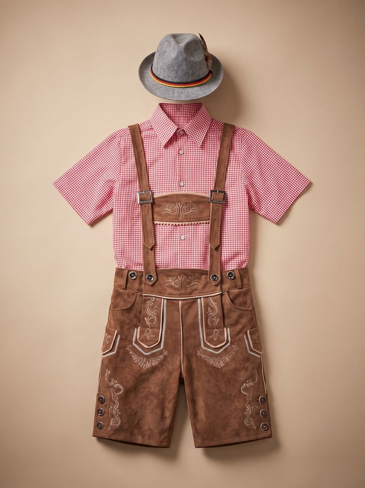 Herren Oktoberfest Trachten-Komplettset Lederhose Karohemd Hut - Kaffee/Rot-kariert