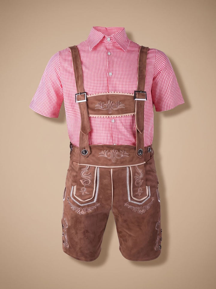 Herren Oktoberfest Trachten-Komplettset Lederhose Karohemd Hut - Kaffee/Rot-kariert (alternative Stickerei)