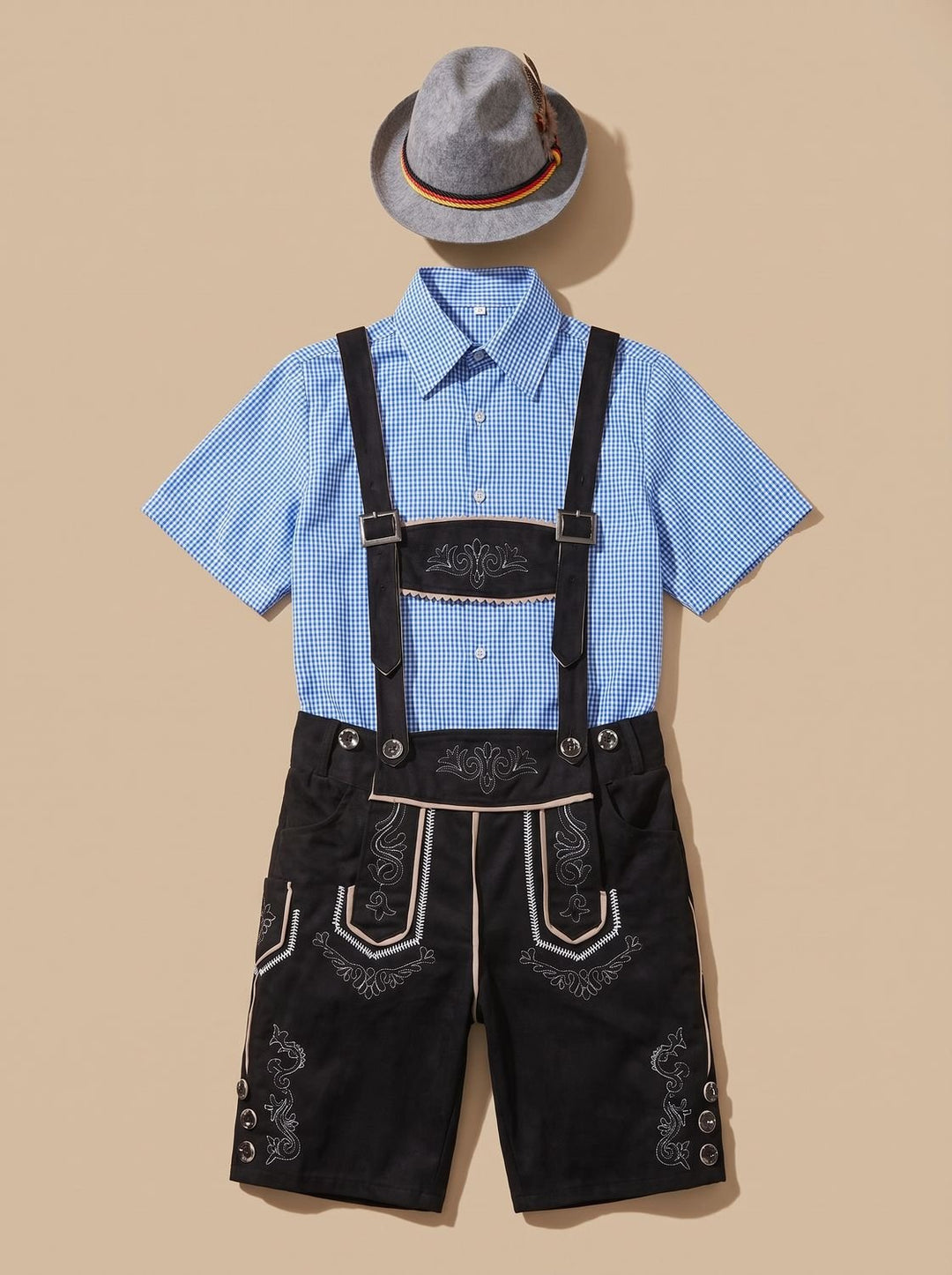 Herren Oktoberfest Trachten-Komplettset Lederhose Karohemd Hut - Schwarz/Blau-kariert