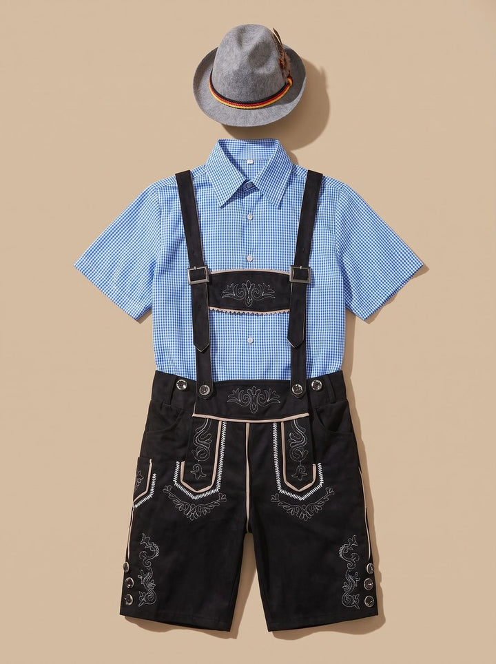 Herren Oktoberfest Trachten-Komplettset Lederhose Karohemd Hut - Schwarz/Blau-kariert