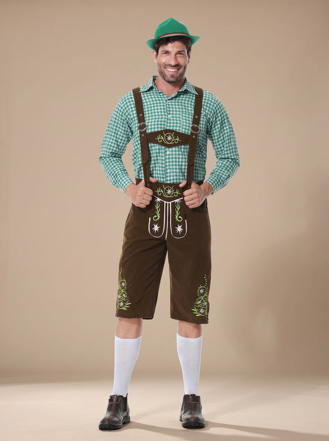Herren Oktoberfest Trachten-Set Lederhose Karohemd Hosenträger