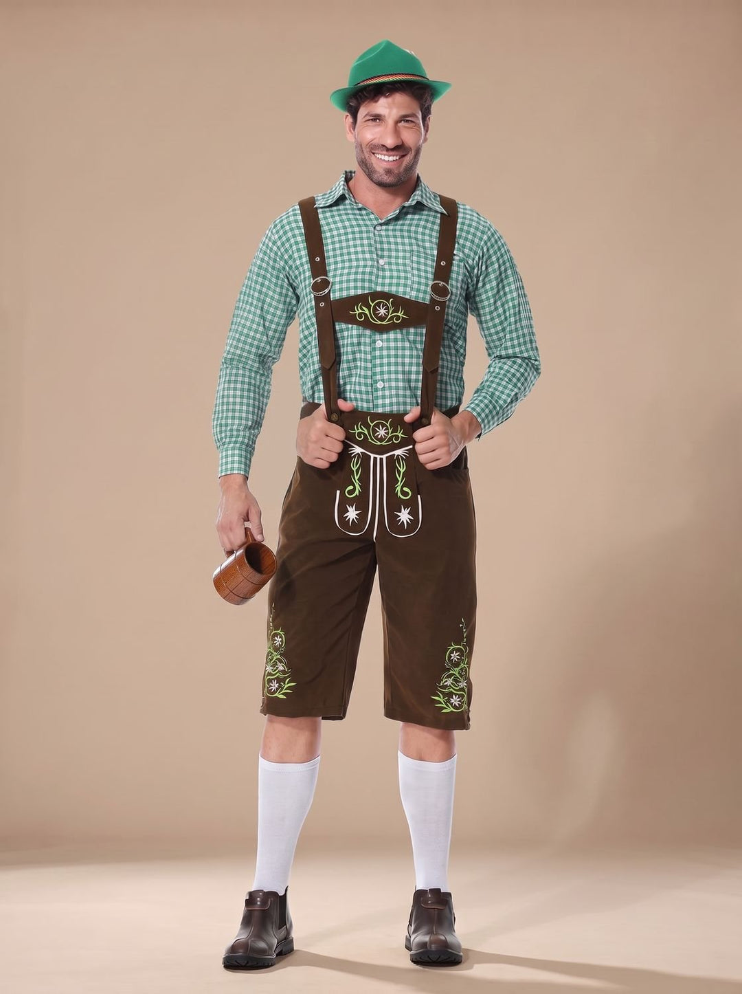Herren Oktoberfest Trachten-Set Lederhose Karohemd Hosenträger