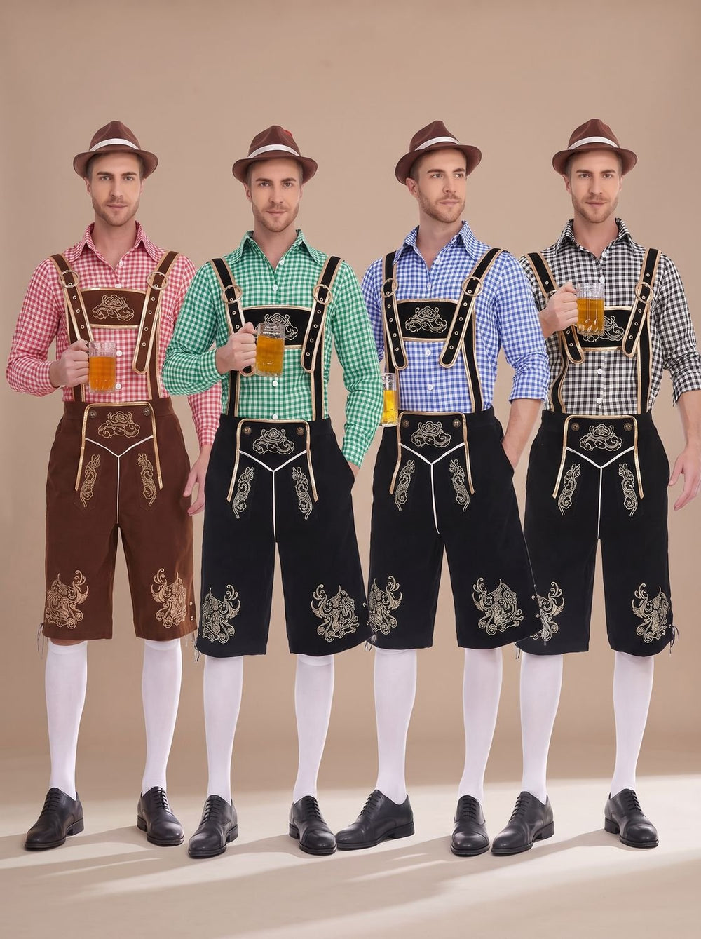 Herren Oktoberfest Trachten-Set Lederhose Kniebund Karohemd