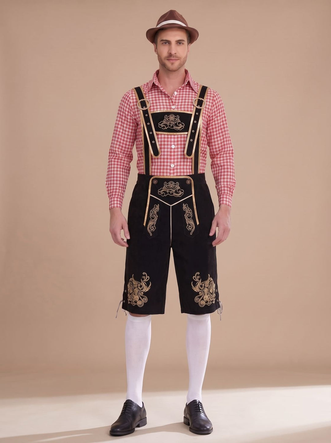 Herren Oktoberfest Trachten-Set Lederhose Kniebund Karohemd - Schwarz Kariert (Blau/Weiß Hemd)