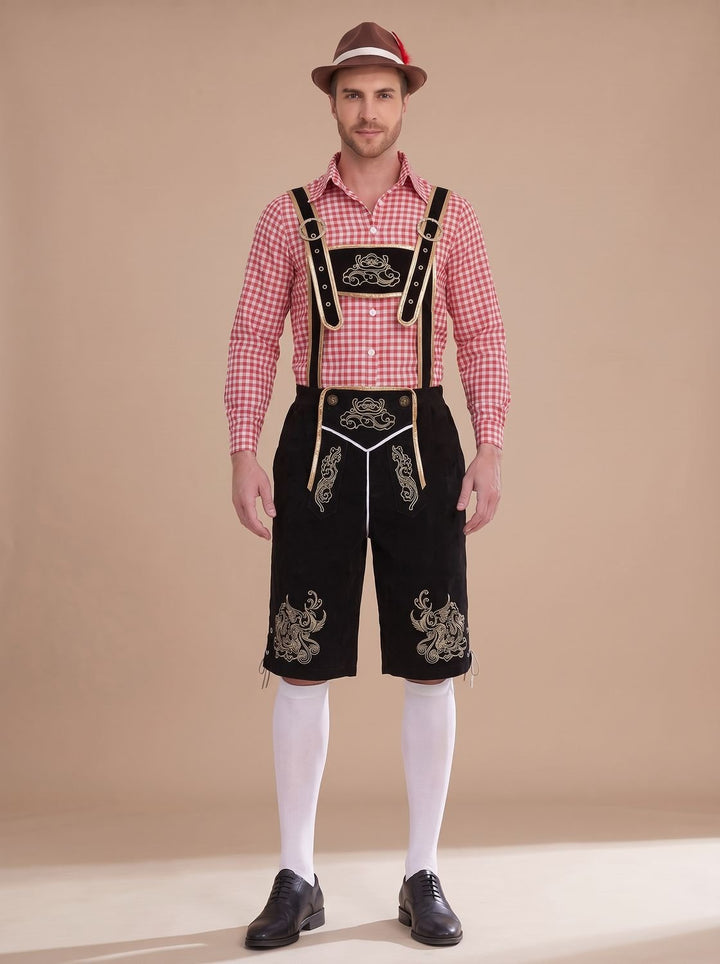 Herren Oktoberfest Trachten-Set Lederhose Kniebund Karohemd - Schwarz Kariert (Rot/Weiß Hemd)